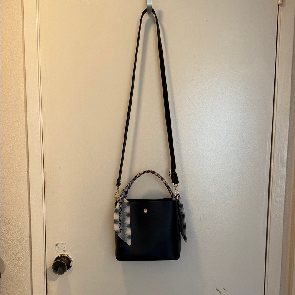 Chic Black Crossbody Bag with Scarf Detail